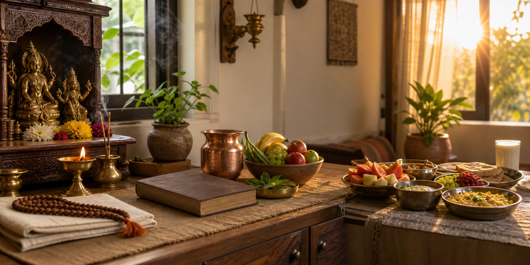 A panoramic home scene moves from morning prayer to a quiet fasting day and a simple meal after sunrise the next morning.