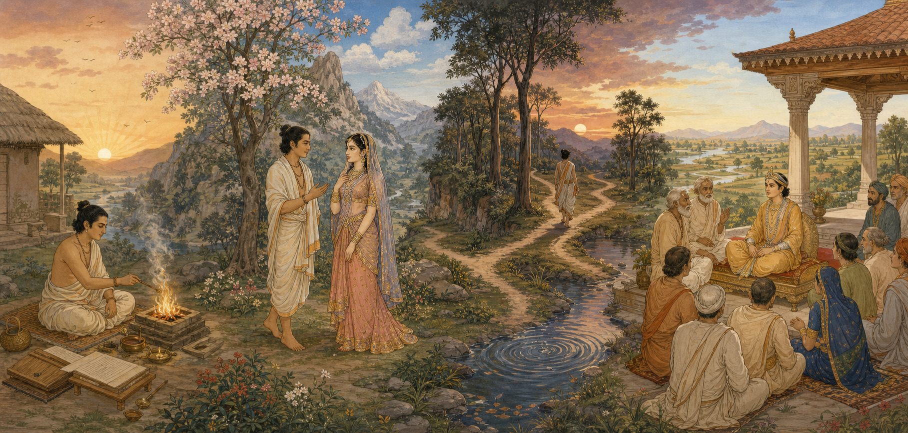 A continuous landscape shows a householder tending a fire, meeting a woman, facing a branching path, and a young ruler consulting his community.