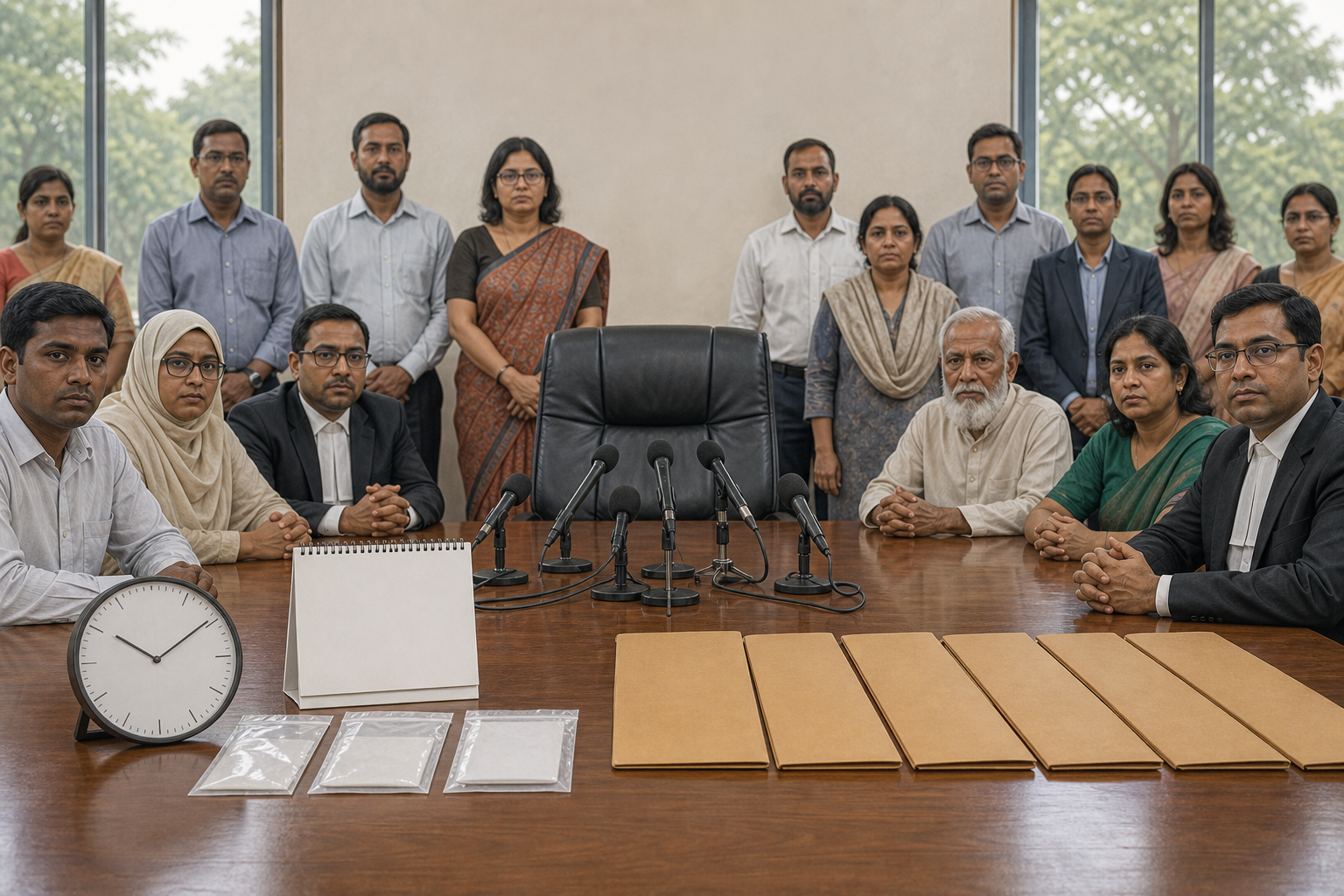 Editorial illustration of citizens and advocates waiting across from an empty official chair with microphones, evidence sleeves, a clock, and blank case folders.