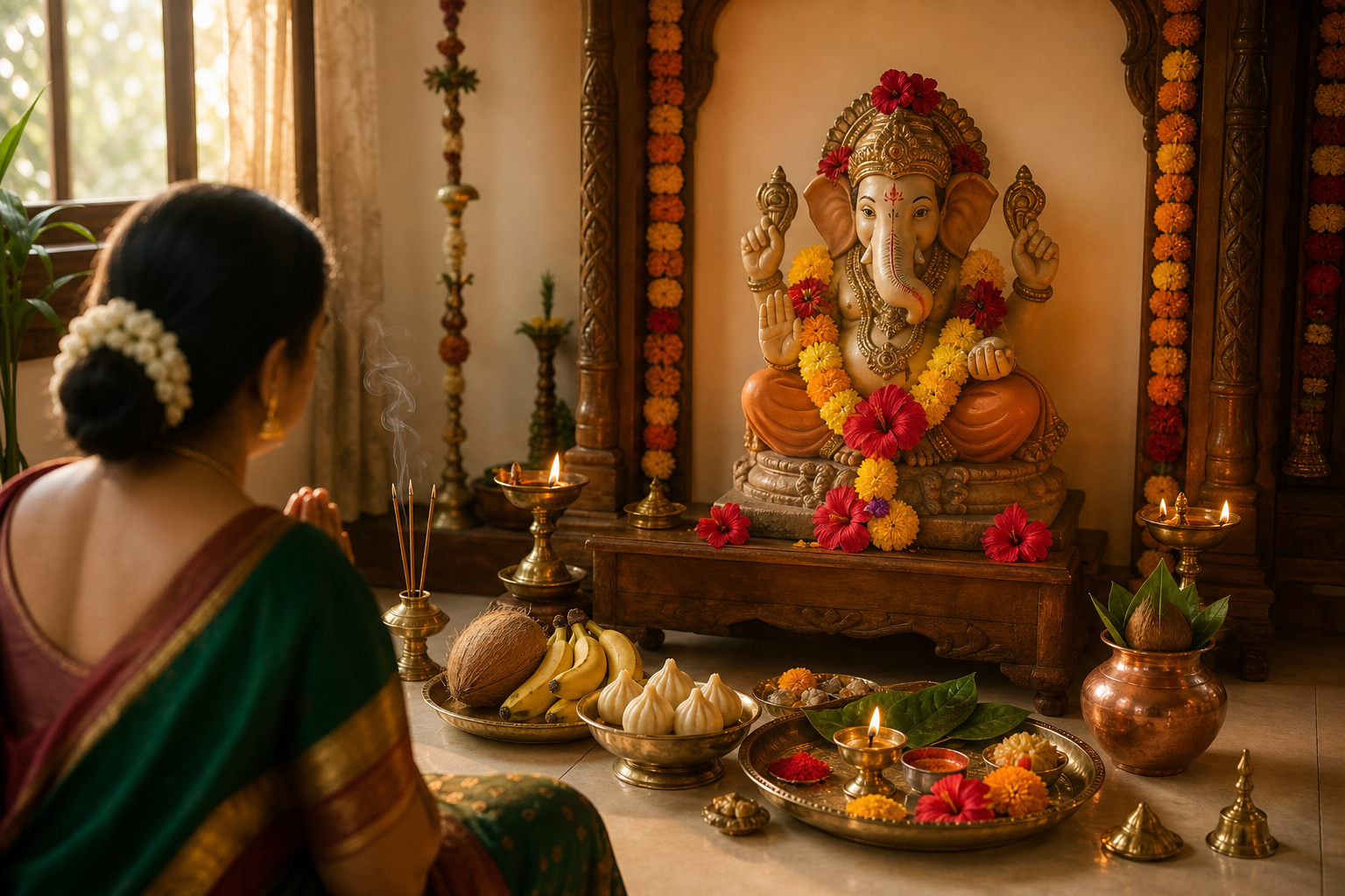 A devotee prays before a flower-adorned clay Ganesha murti on a home altar with lamps, fruit, modaks and puja vessels.