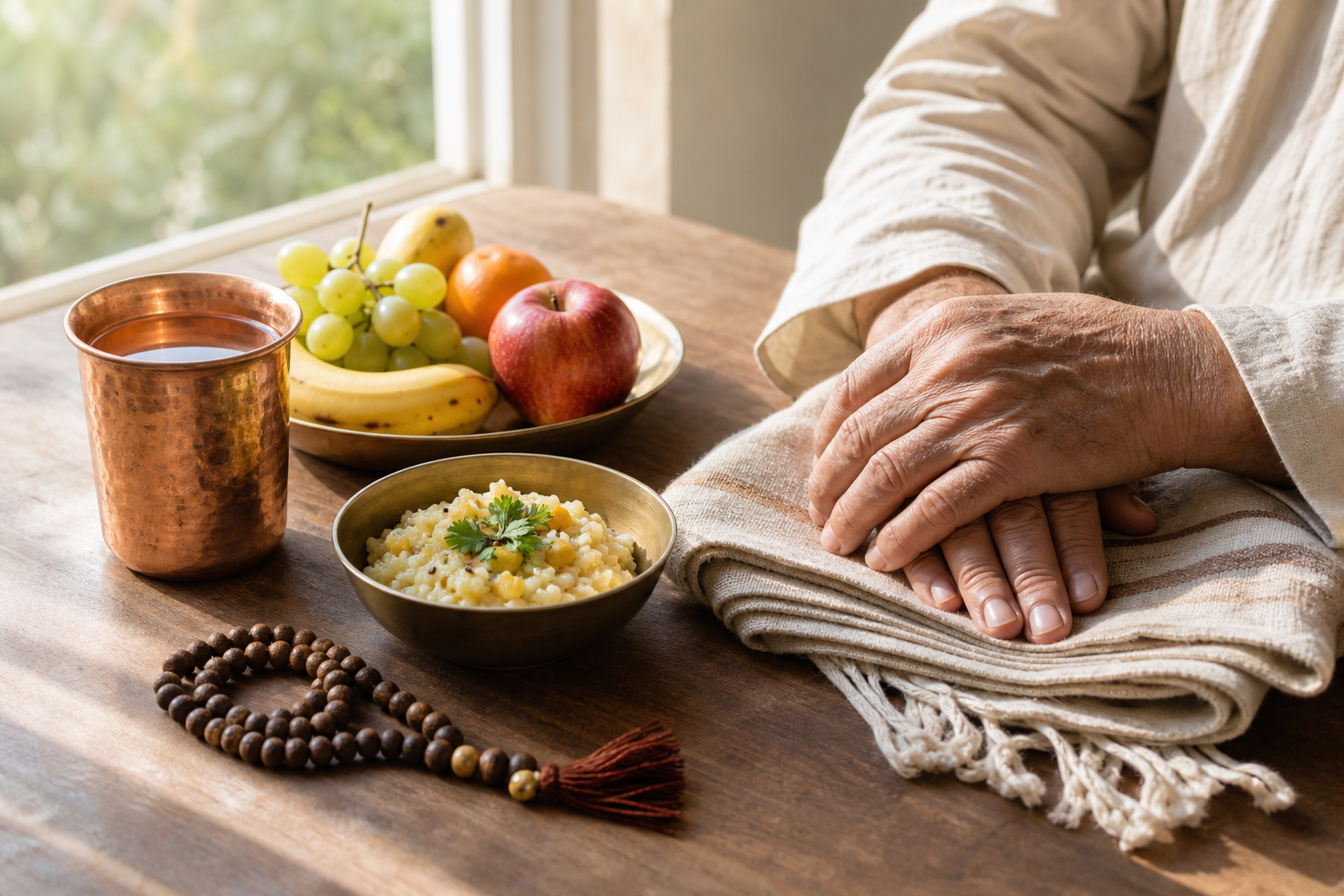 An older devotee rests their hands beside water, fruit, simple sattvic food, prayer beads, and a folded shawl.