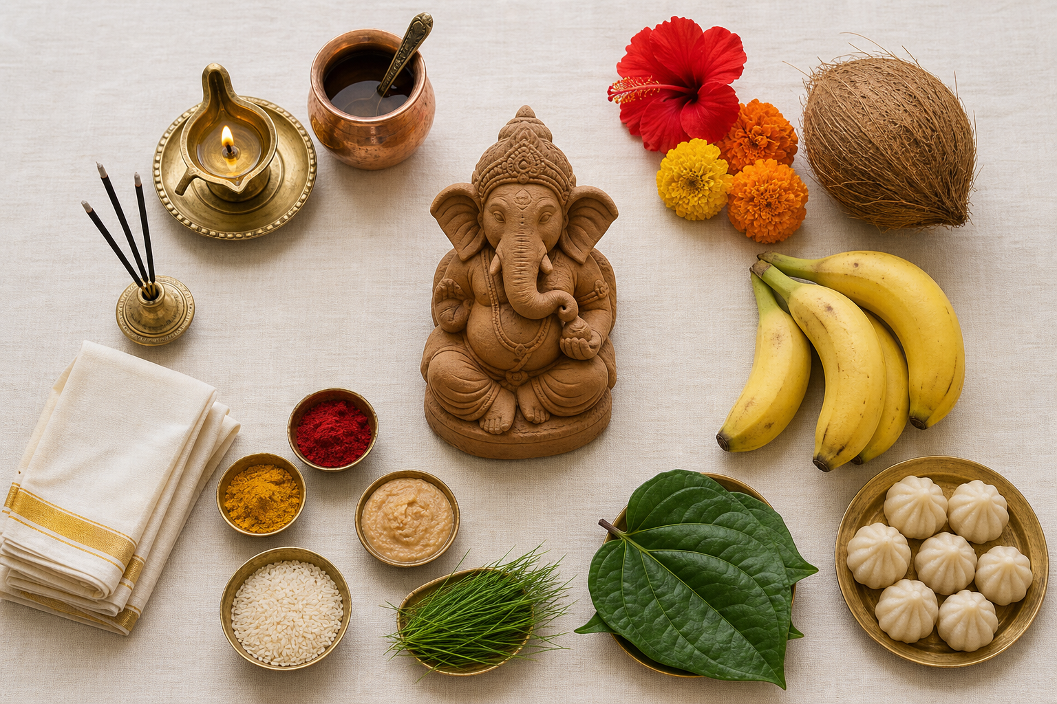 Essential home puja items arranged around a small clay Ganesha murti, including a diya, flowers, durva grass, fruit, modaks and copper vessels.
