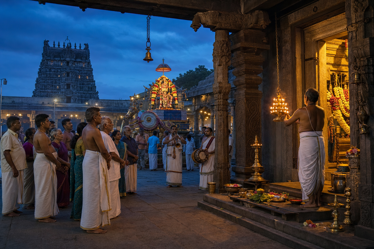 Devotees watch a lamp offering from a pillared temple hall while musicians and a decorated festival vahana wait in the courtyard beyond.