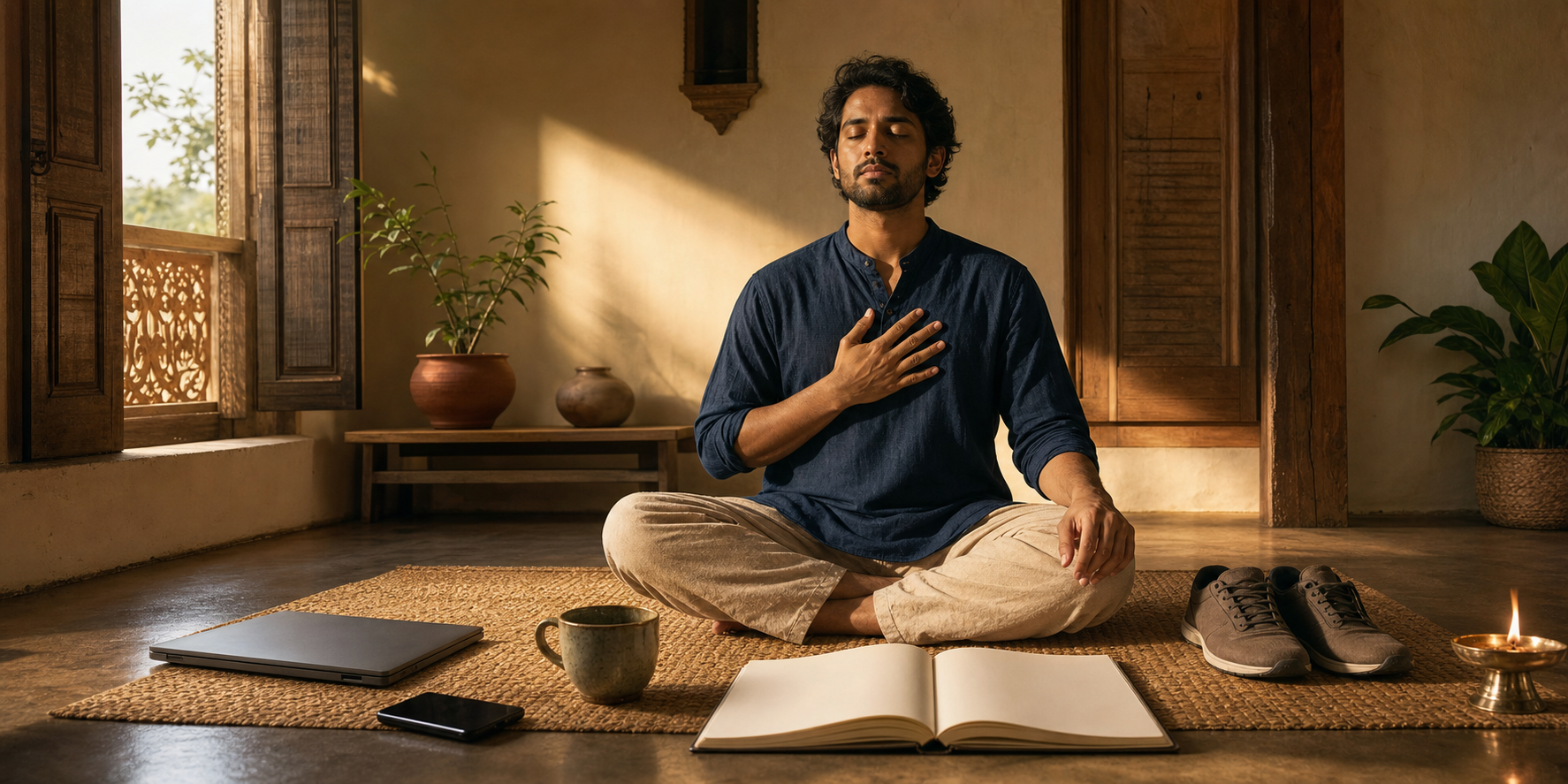 A person sits calmly on a woven mat at dawn beside a blank journal, a face-down phone, a closed laptop, and a small oil lamp.