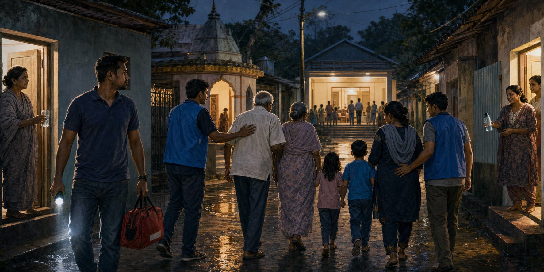 Illustration of neighborhood volunteers peacefully escorting a Hindu family along a well-lit lane toward a community shelter as neighbors offer assistance.