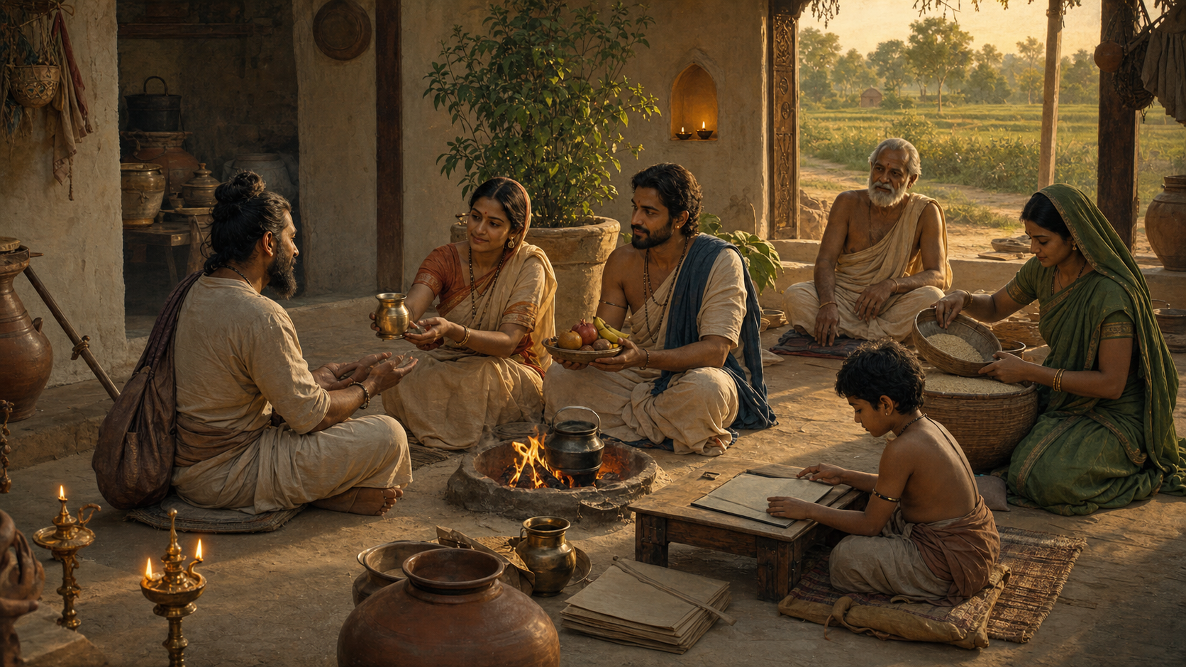 A household gathers around a courtyard fire while family members welcome a traveler, study, care for an elder, and prepare grain.