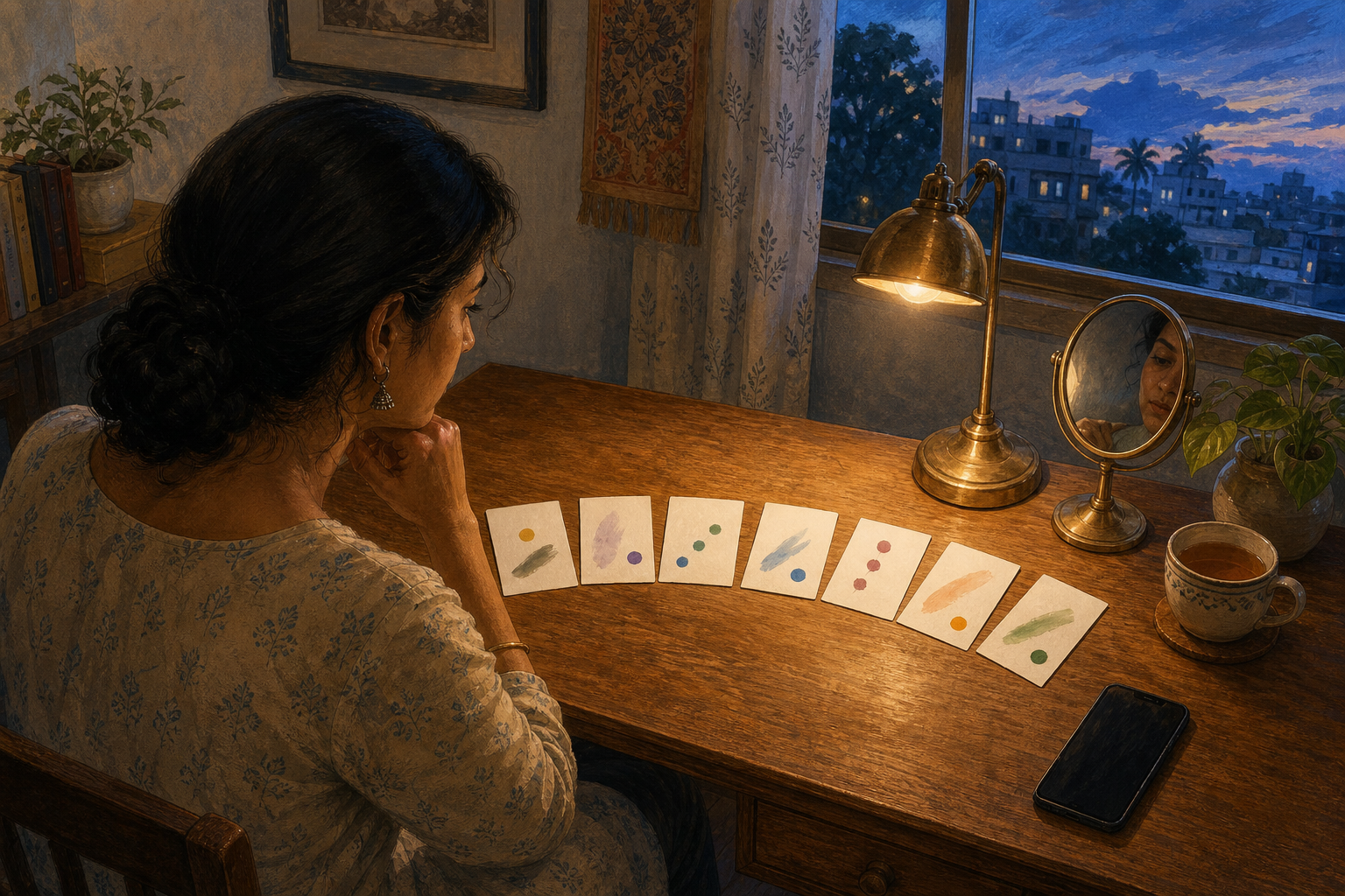 A person reviews seven blank cards arranged on a desk beside a small mirror, a turned-off phone, tea, and a brass lamp.