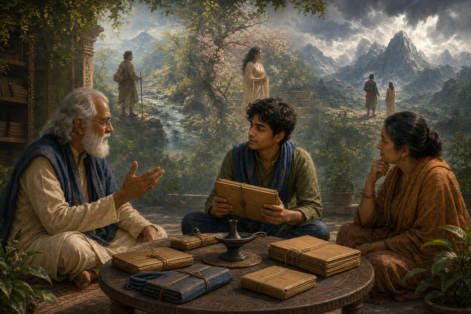Three generations of storytellers compare closed manuscript bundles while different versions of a mountain meeting appear faintly behind them.