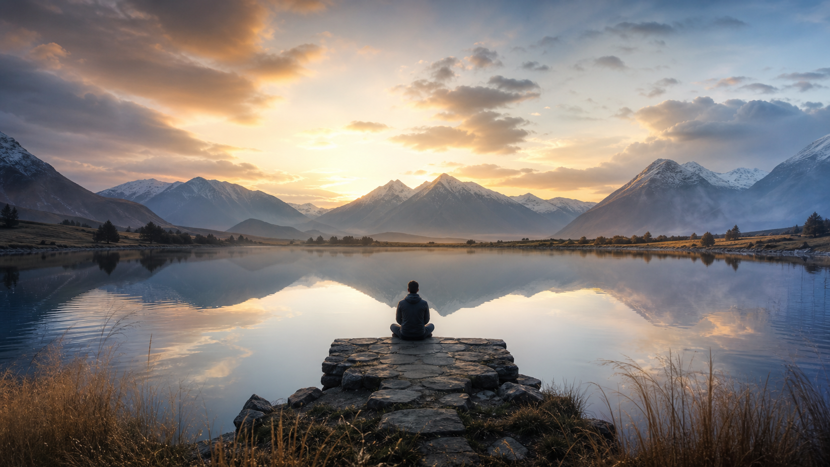 A solitary person sits beside a mountain lake while wind, clouds, and ripples move around a calm central reflection at dawn.