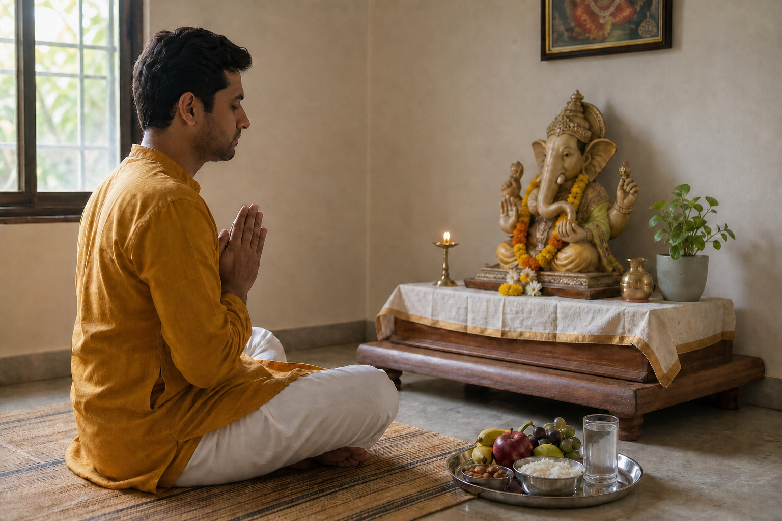A devotee observes a simple vrata with prayer beside a modest Ganesha altar and a small sattvic meal of fruit, nuts, plain food and water.