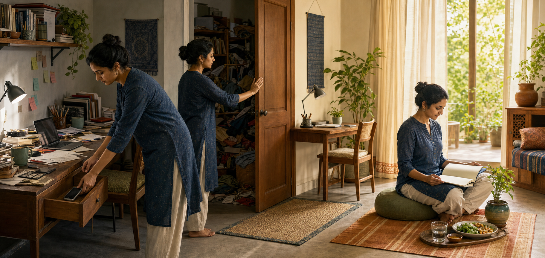 A three-part panoramic scene shows a person putting away a distraction, closing a door on a cluttered room, and creating a calm space with a cushion, meal, plant, and notebook.