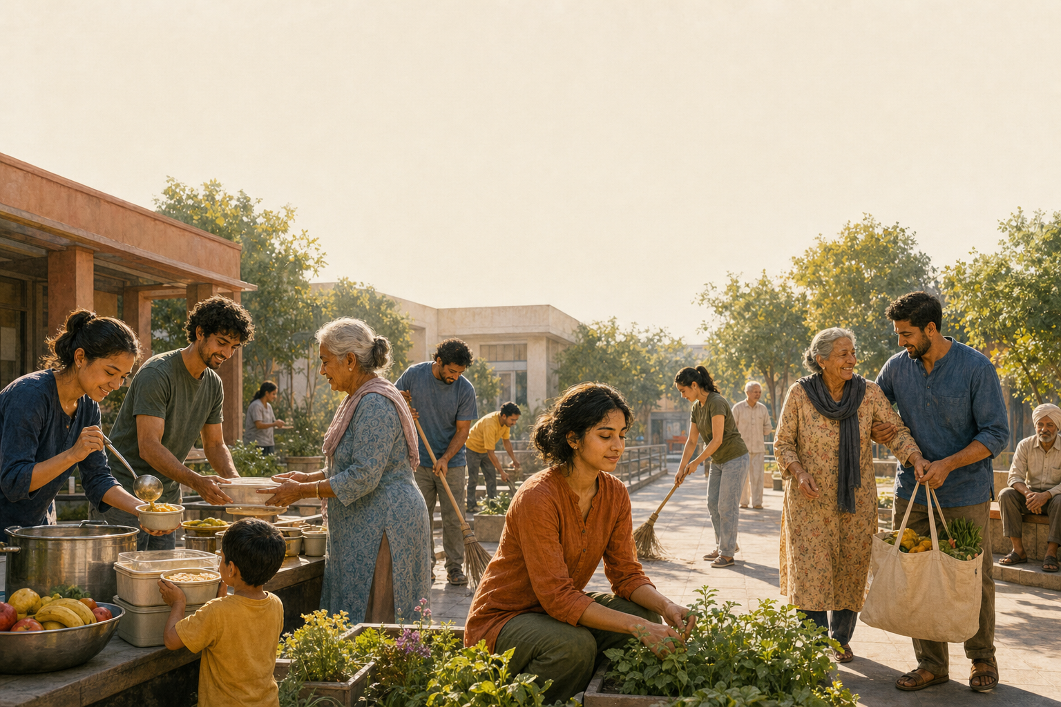 Neighbors of different ages serve food, sweep a courtyard, tend plants, and help an older resident in a shared public space.