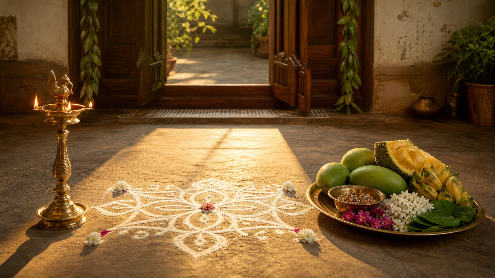 A sunlit Tamil courtyard with a white kolam, brass oil lamp, fruit, flowers, betel leaves, neem blossoms, and mango-leaf decorations arranged for Puthandu.