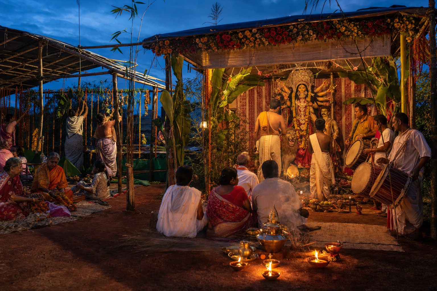 Devotees, priests, artisans, drummers, and volunteers gather around a decorated Durga shrine in Jharkhand at dusk.