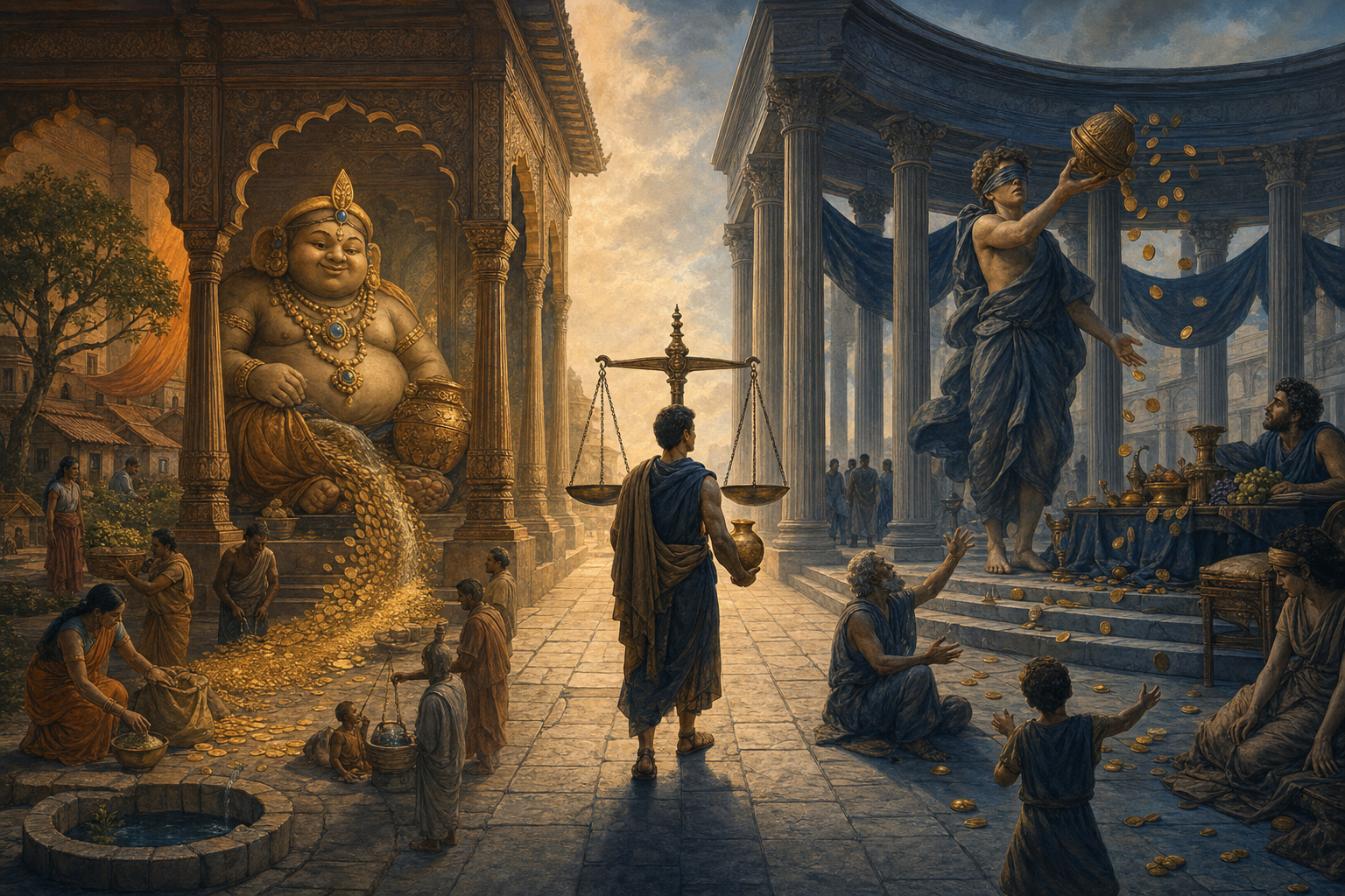 A traveler with a golden vessel stands beside a balance between a temple-inspired guardian of abundance and a blindfolded Greek figure scattering coins unevenly.