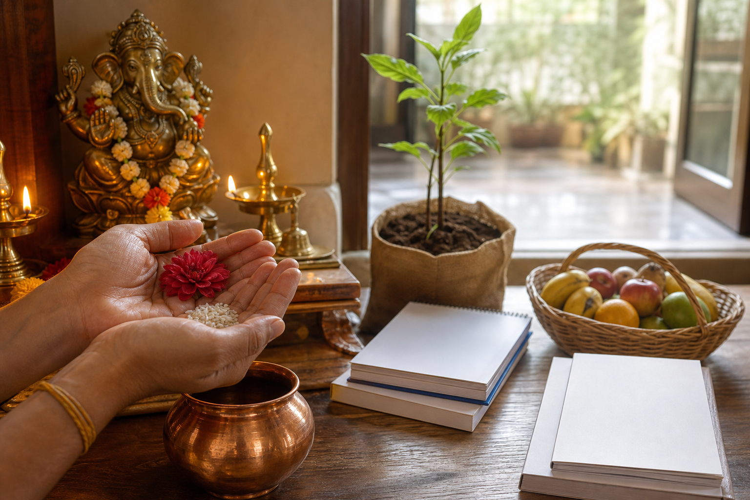 A devotee holds a flower and rice during sankalpa, with a sapling, blank-covered learning materials and a fruit donation basket prepared nearby.