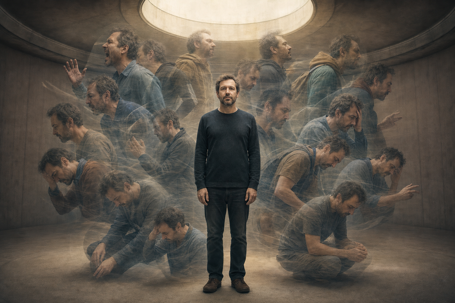 A still person stands in a circular room surrounded by translucent moving versions of their gestures, clothing, and expressions.