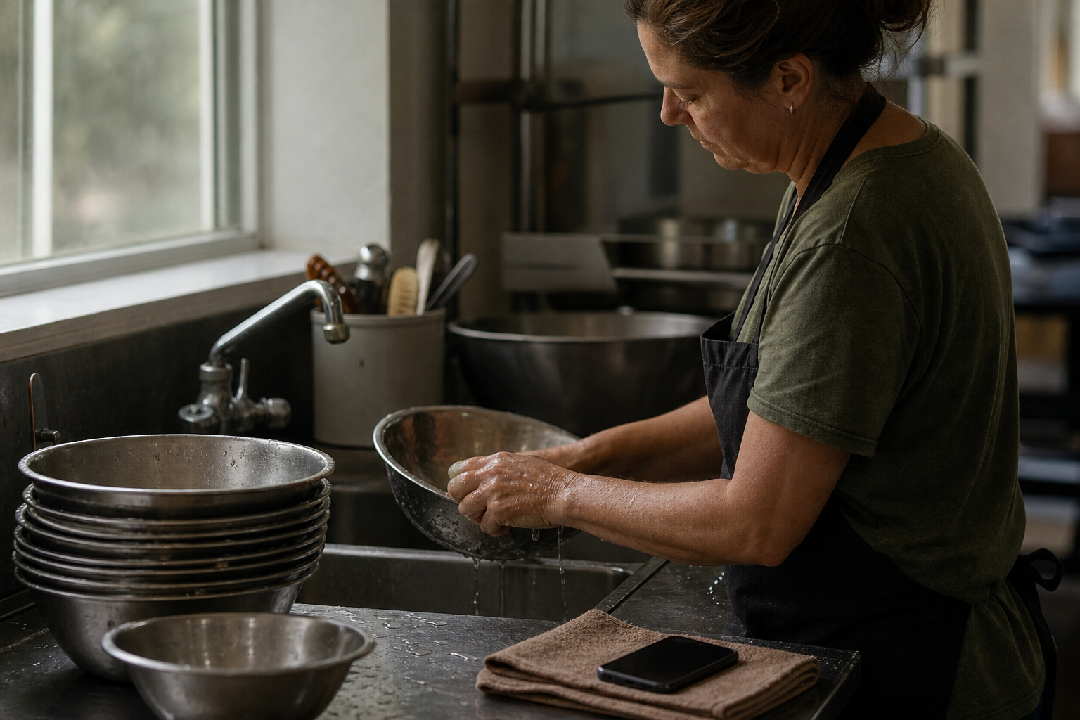 A volunteer quietly washes reusable metal bowls in an empty community kitchen while a phone lies face down nearby.