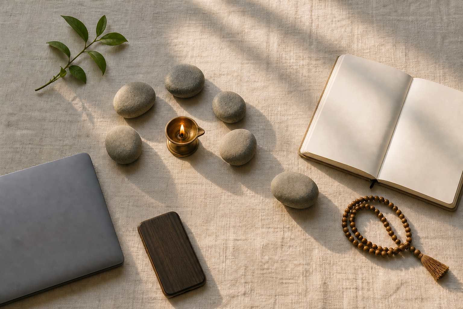 Seven stones encircle a lit brass oil lamp beside a blank journal, wooden beads, green leaves, a face-down phone, and a closed laptop.