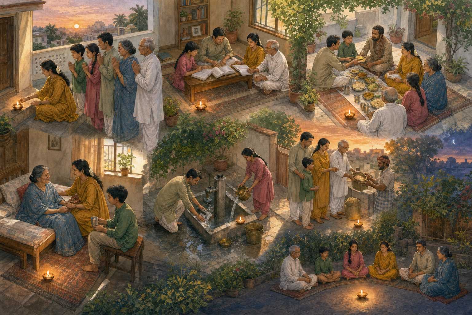 A multigenerational household studies, welcomes a guest, cares for an elder, shares grain, cleans, lights lamps, and reflects together.