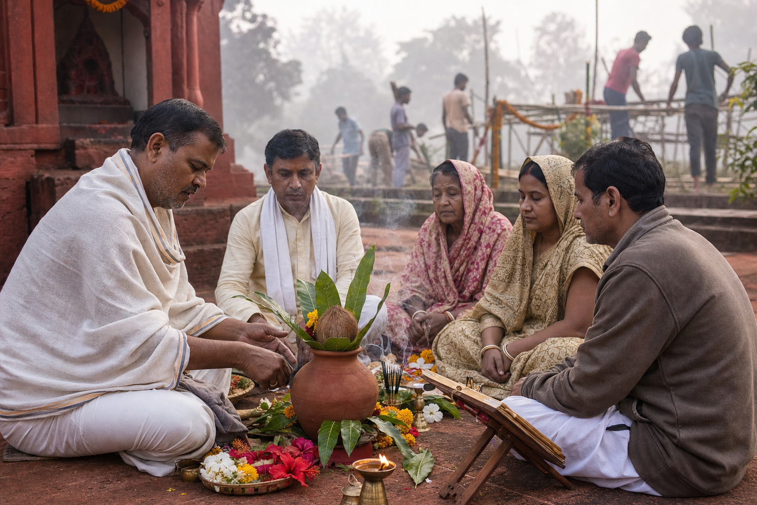 A priest and household devotees perform an early morning ritual while festival decorations are prepared in the background.