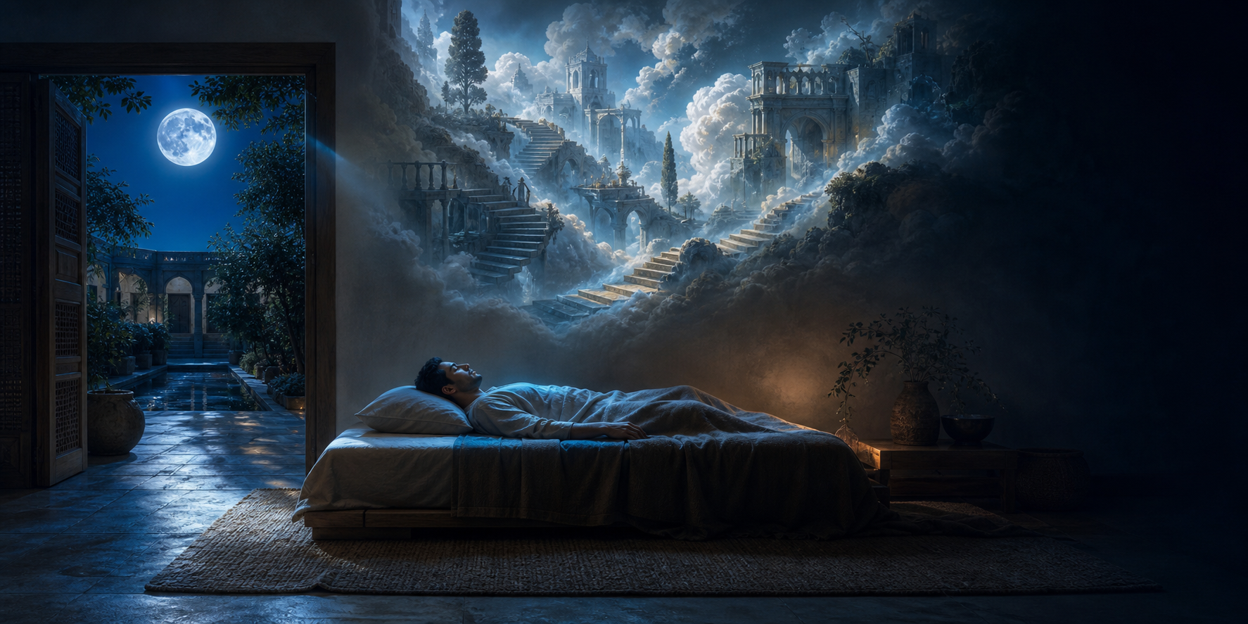 A sleeping person lies between a detailed moonlit courtyard, a surreal dream landscape, and a region of deep darkness.