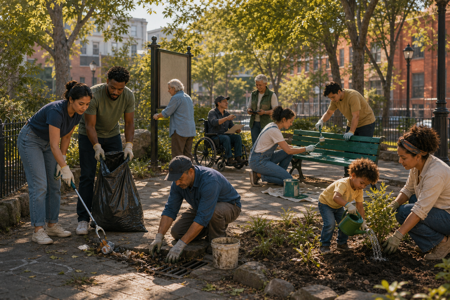 Residents clean a small city park, clear a drain, repaint a bench, and water new plants together.