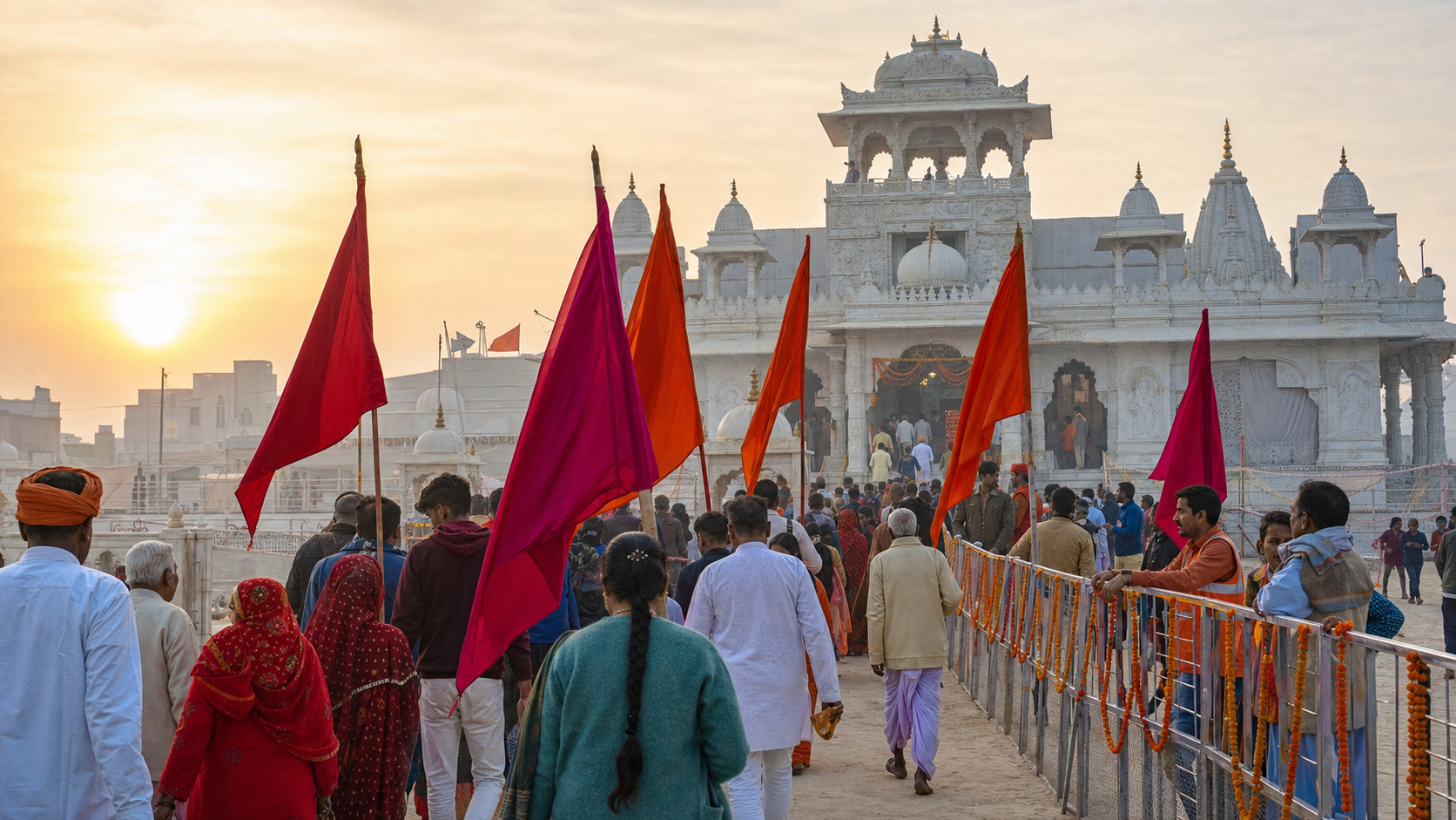 Pilgrims carrying colorful Nishan flags walk toward a white temple complex in Khatu at sunrise during the Falgun pilgrimage.