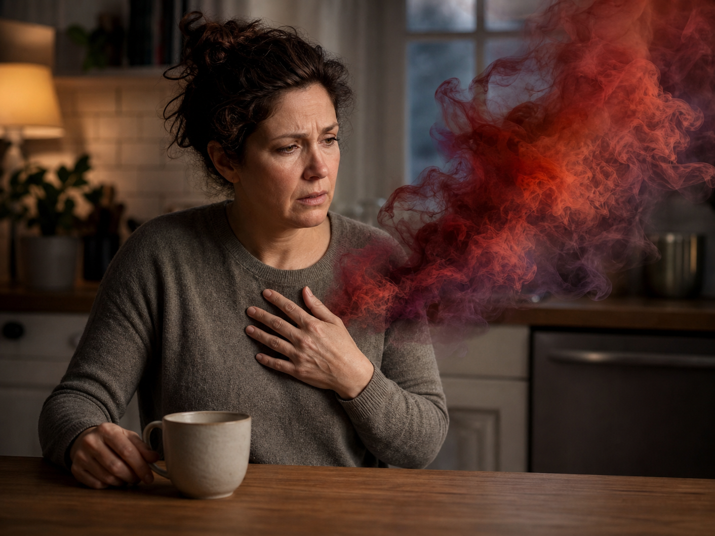 A person sits at a kitchen table observing a translucent red and violet cloud rising near their chest.