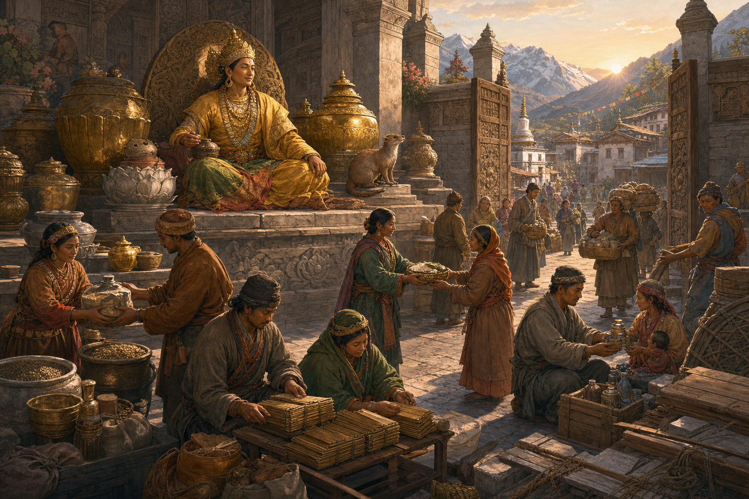 A guardian of prosperity watches stewards carry grain, tools, medicine, and building materials from a palace treasury to a community.