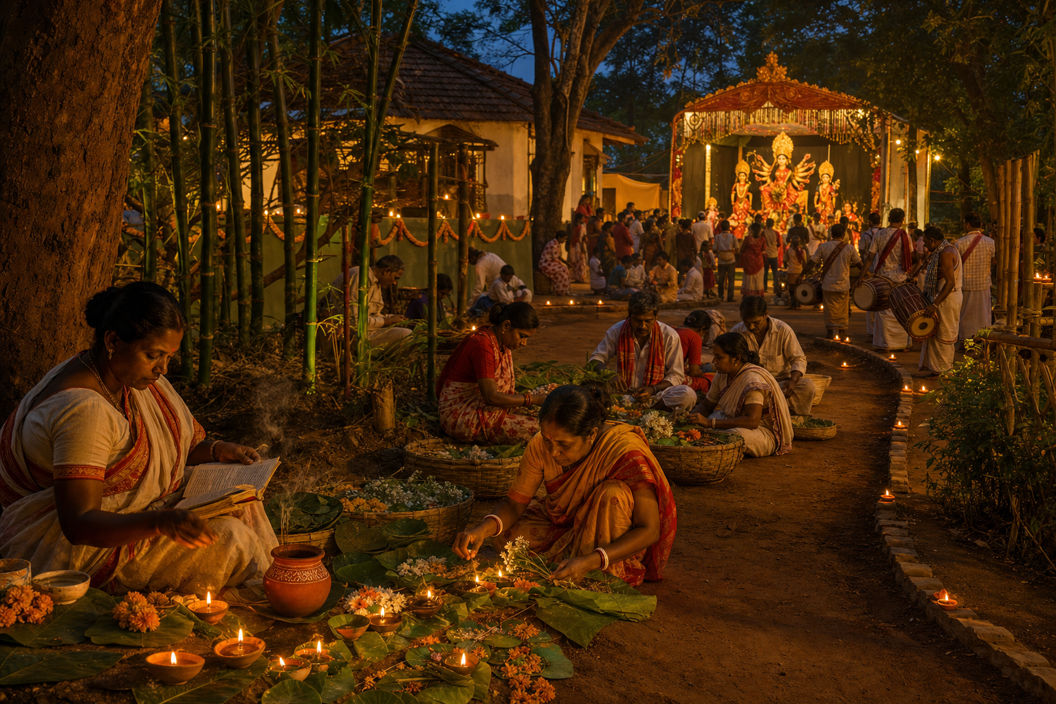 Worshippers recite prayers, prepare offerings, and gather near an illuminated Durga shrine within one temple compound.