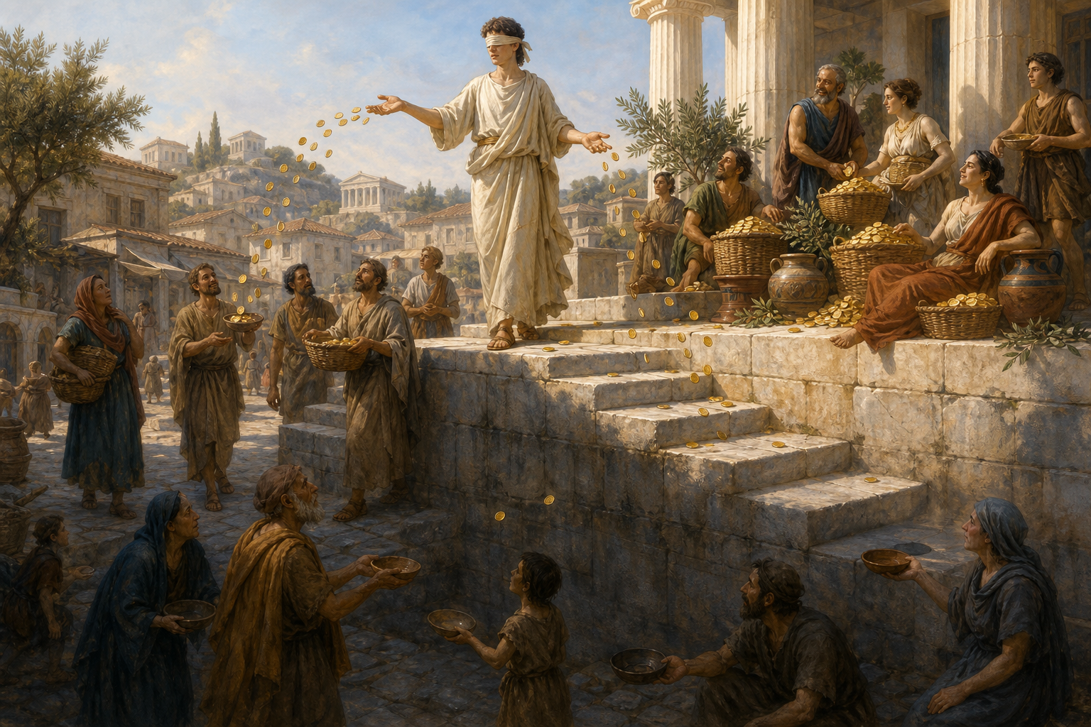 A blindfolded robed figure scatters coins across an ancient Greek square, where most land on a raised terrace and few reach people below.