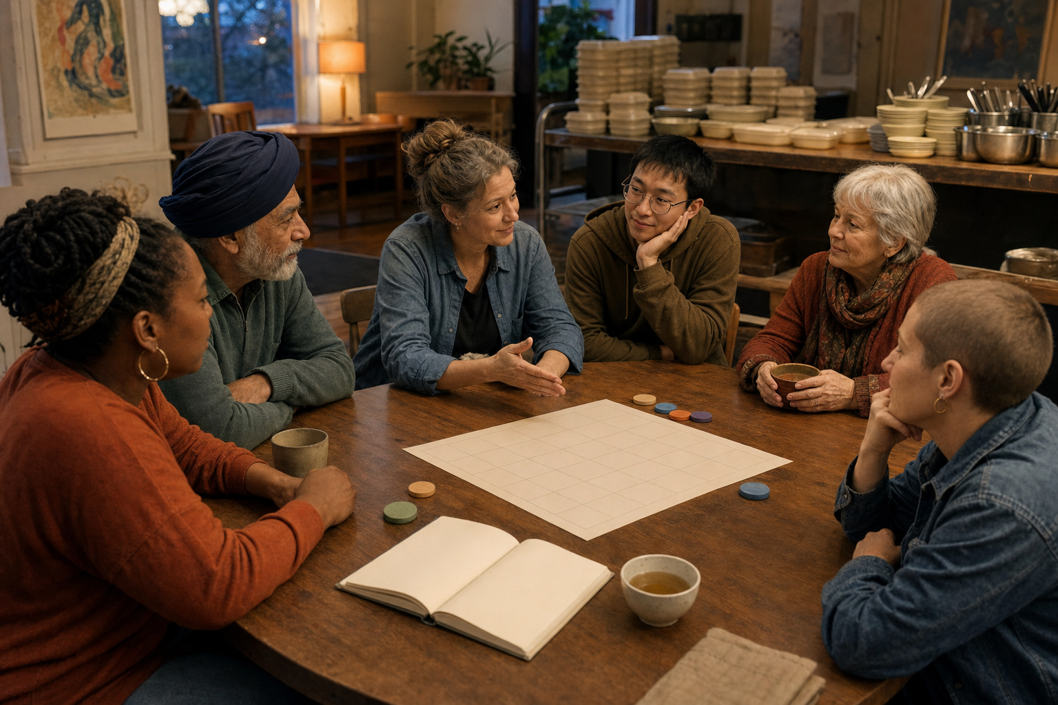 A volunteer team reflects together after a meal service beside stacked containers and blank planning materials.