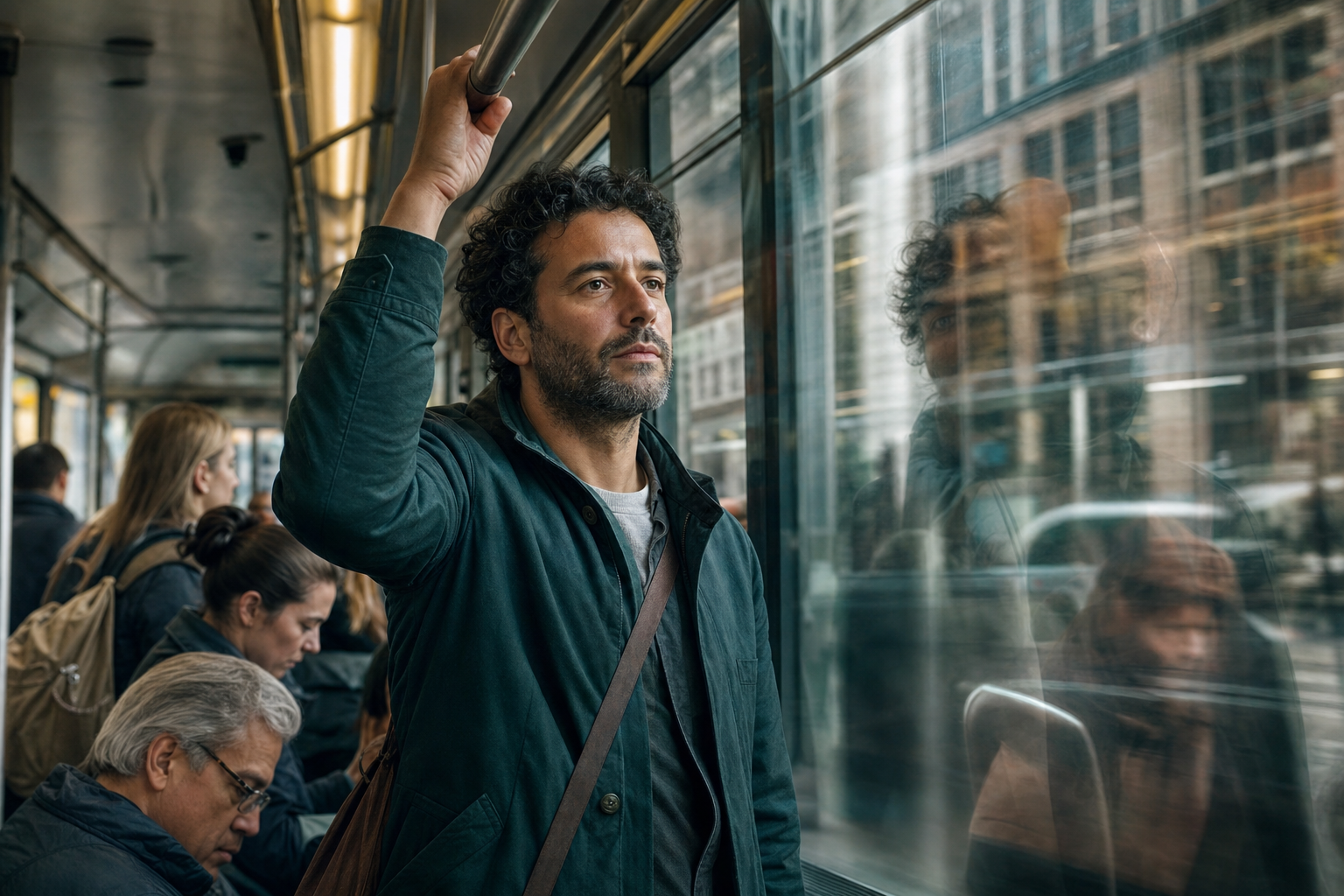 A calm commuter stands in a moving streetcar while other passengers and reflected city buildings blur around them.