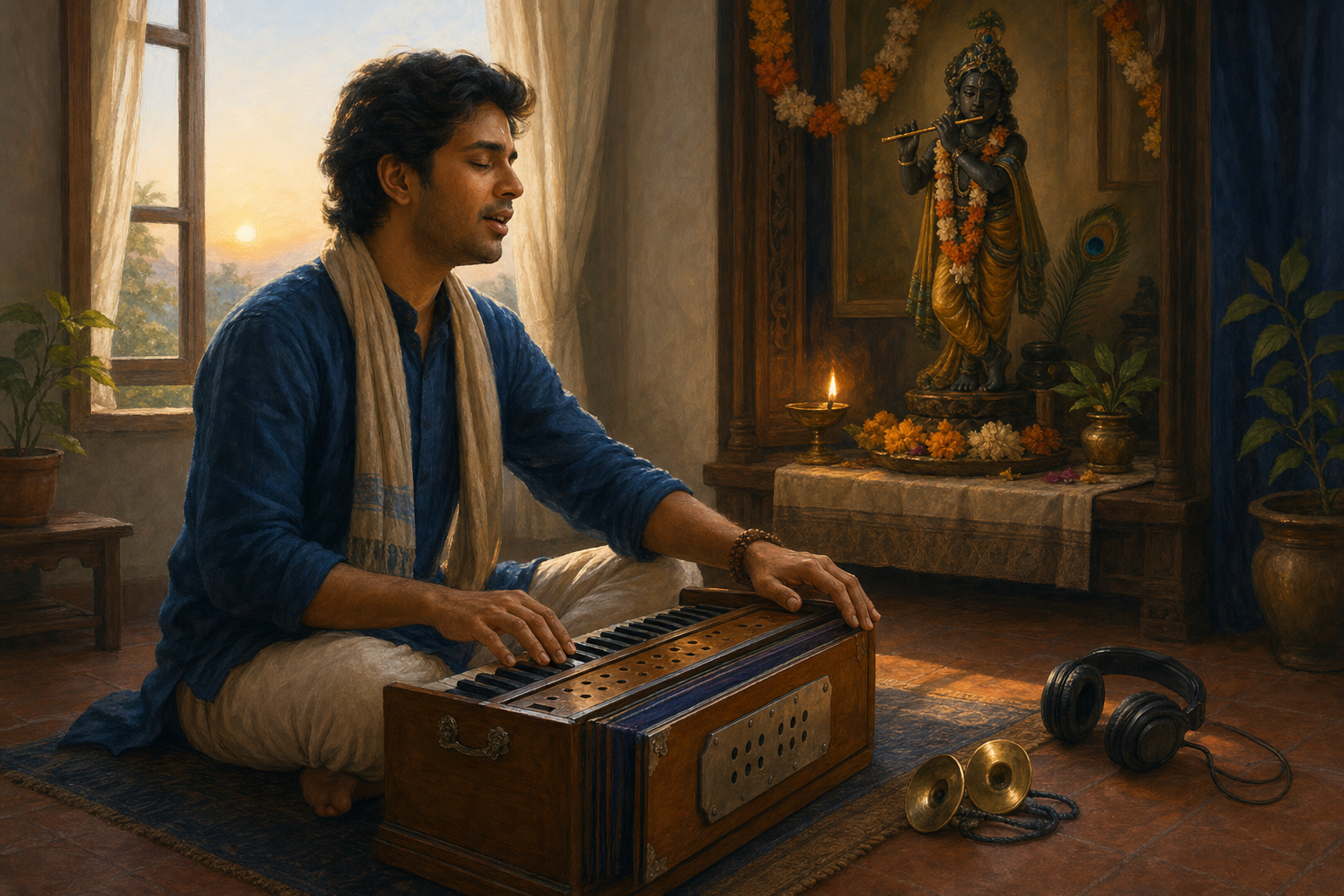 A person plays a harmonium in a home prayer space with hand cymbals, headphones, flowers, an oil lamp, and a small Krishna murti nearby.