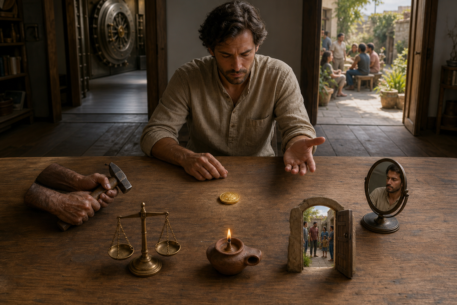 A person considers a gold coin surrounded by five objects: working hands with a tool, a scale, a household lamp, an open doorway, and a mirror.