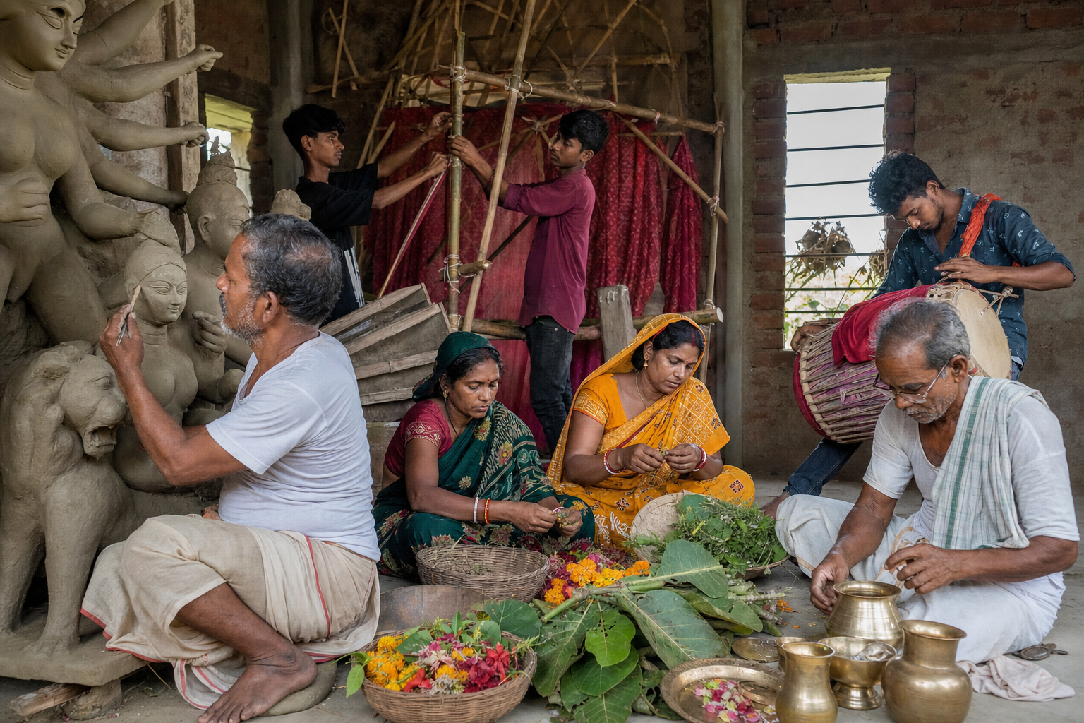 Artisans, elders, drummers, and volunteers prepare a community Durga Puja shrine and ritual materials in Jharkhand.