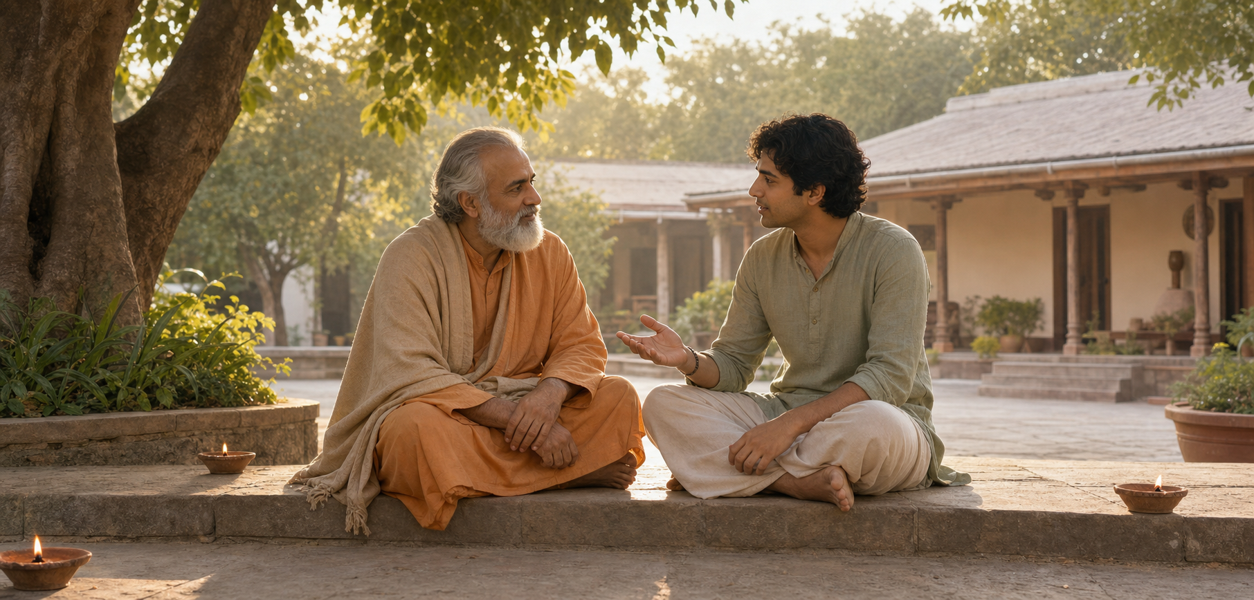 An older mentor and a younger student sit at equal eye level on a stone step, speaking beneath a tree in a quiet ashram courtyard at dawn.