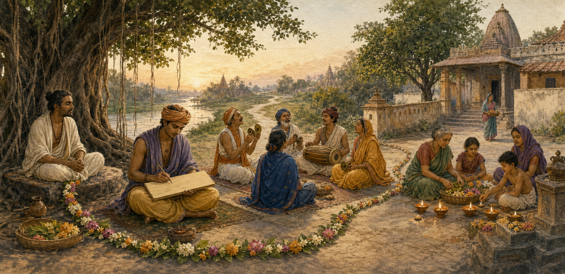 An unnamed devotional figure, a poet-musician, practicing devotees, and an intergenerational community connected across a temple courtyard.