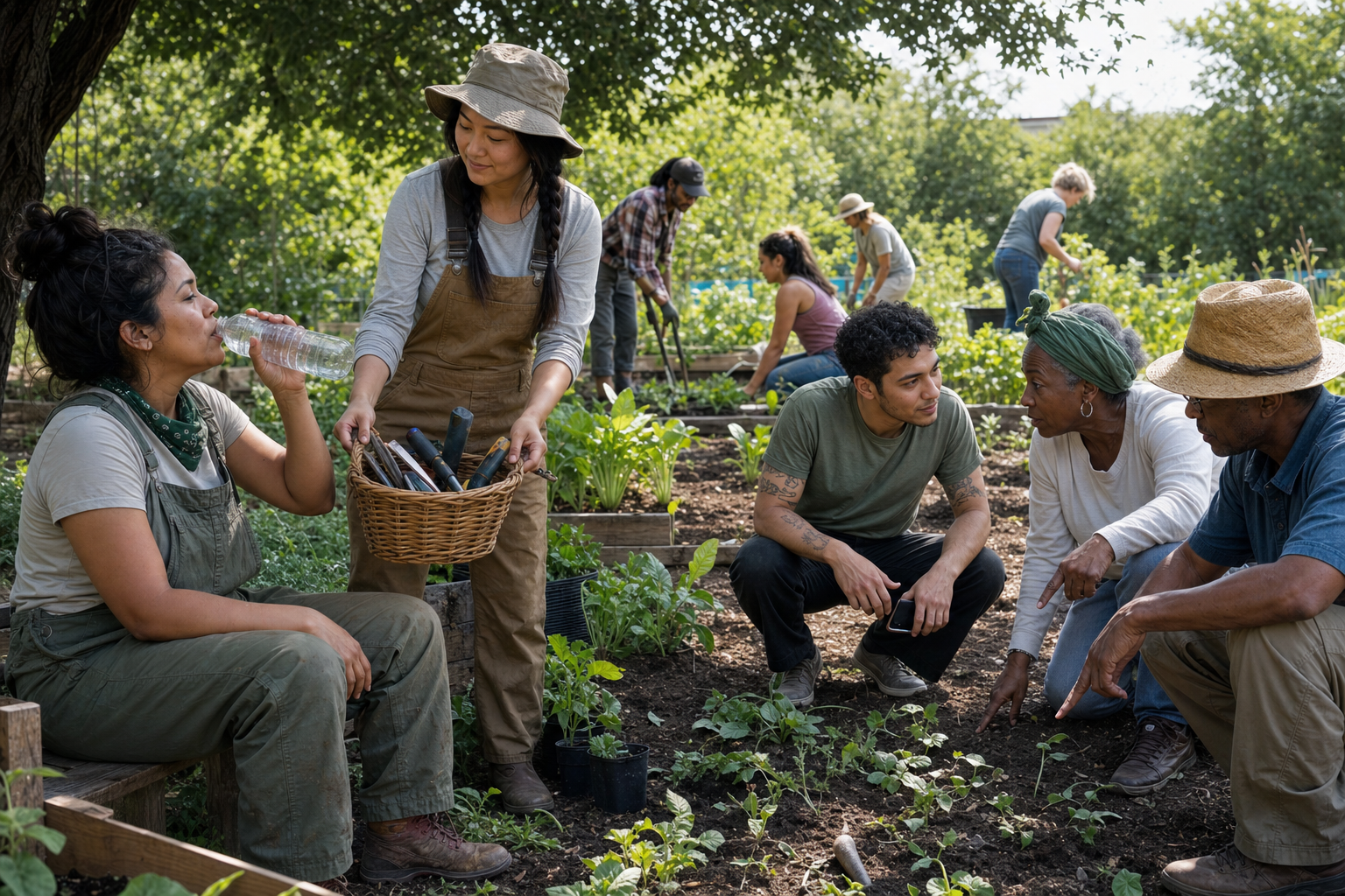 A tired garden volunteer rests with water as a teammate takes over tools and local residents guide the planting work.