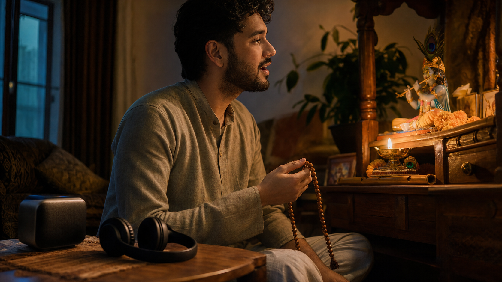 A practitioner sings with prayer beads after placing their headphones beside a speaker, facing a small flower-decorated Krishna altar.