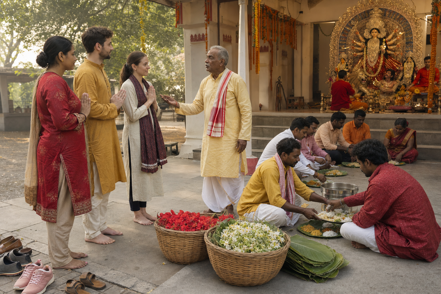 Visitors follow a local elder's guidance while volunteers arrange offerings and serve a communal meal at a Durga Puja courtyard.