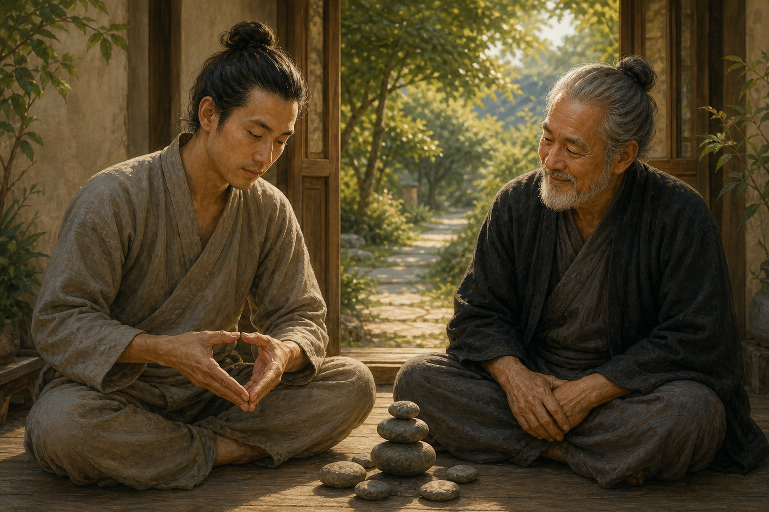A younger practitioner demonstrates an idea with smooth stones while an older mentor listens with curiosity on a garden veranda.