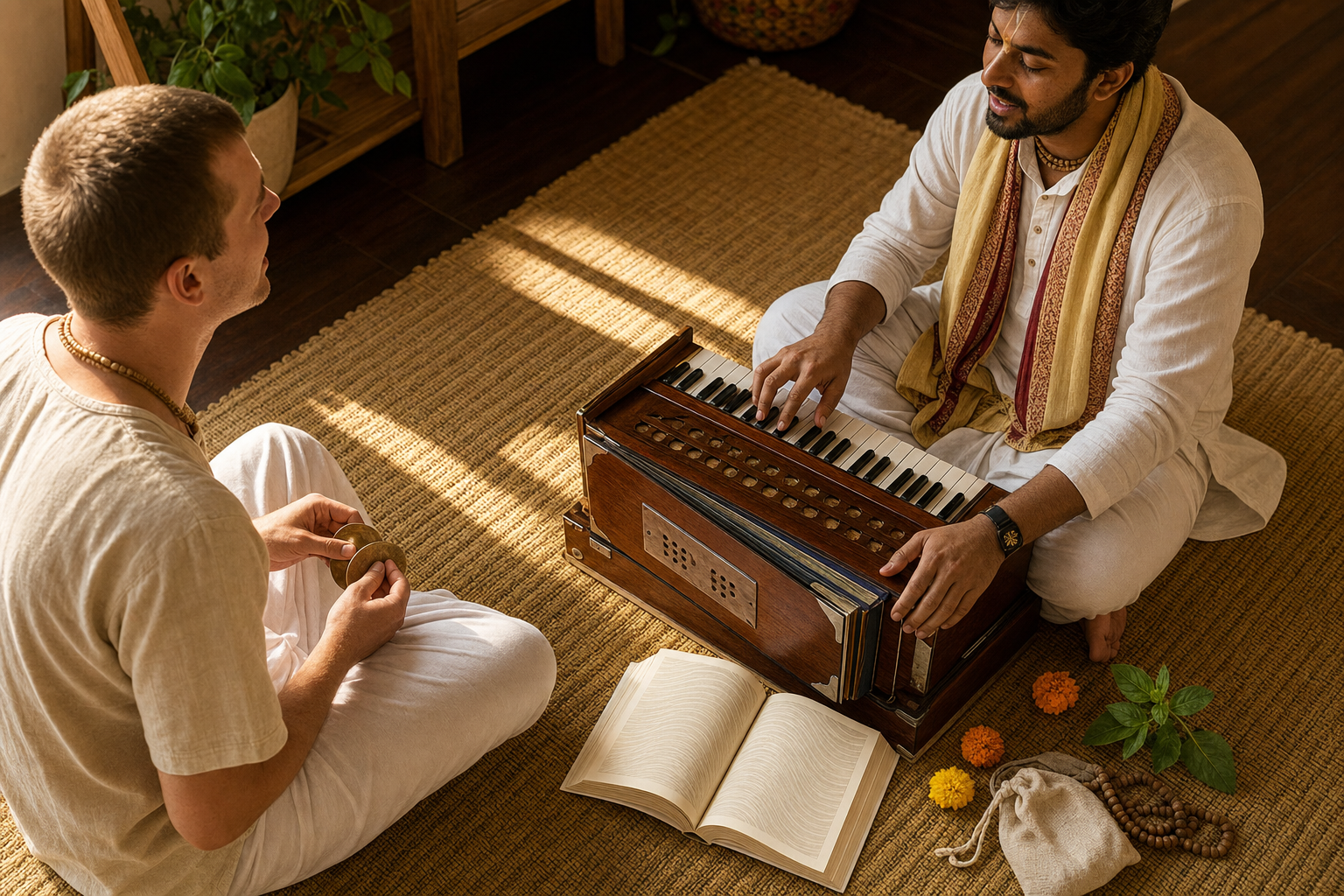 Two people sit on a floor mat with a harmonium, hand cymbals, prayer beads, flowers, and an open book during a music and study practice.