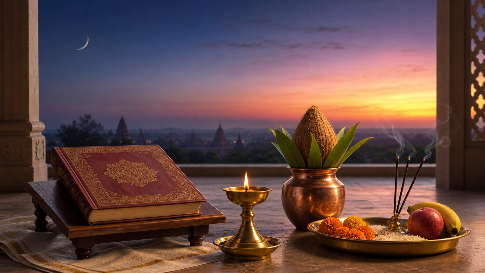 Brass puja items and marigold flowers sit on a wooden stand as a waning crescent moon fades into the light of dawn beyond distant temple silhouettes.