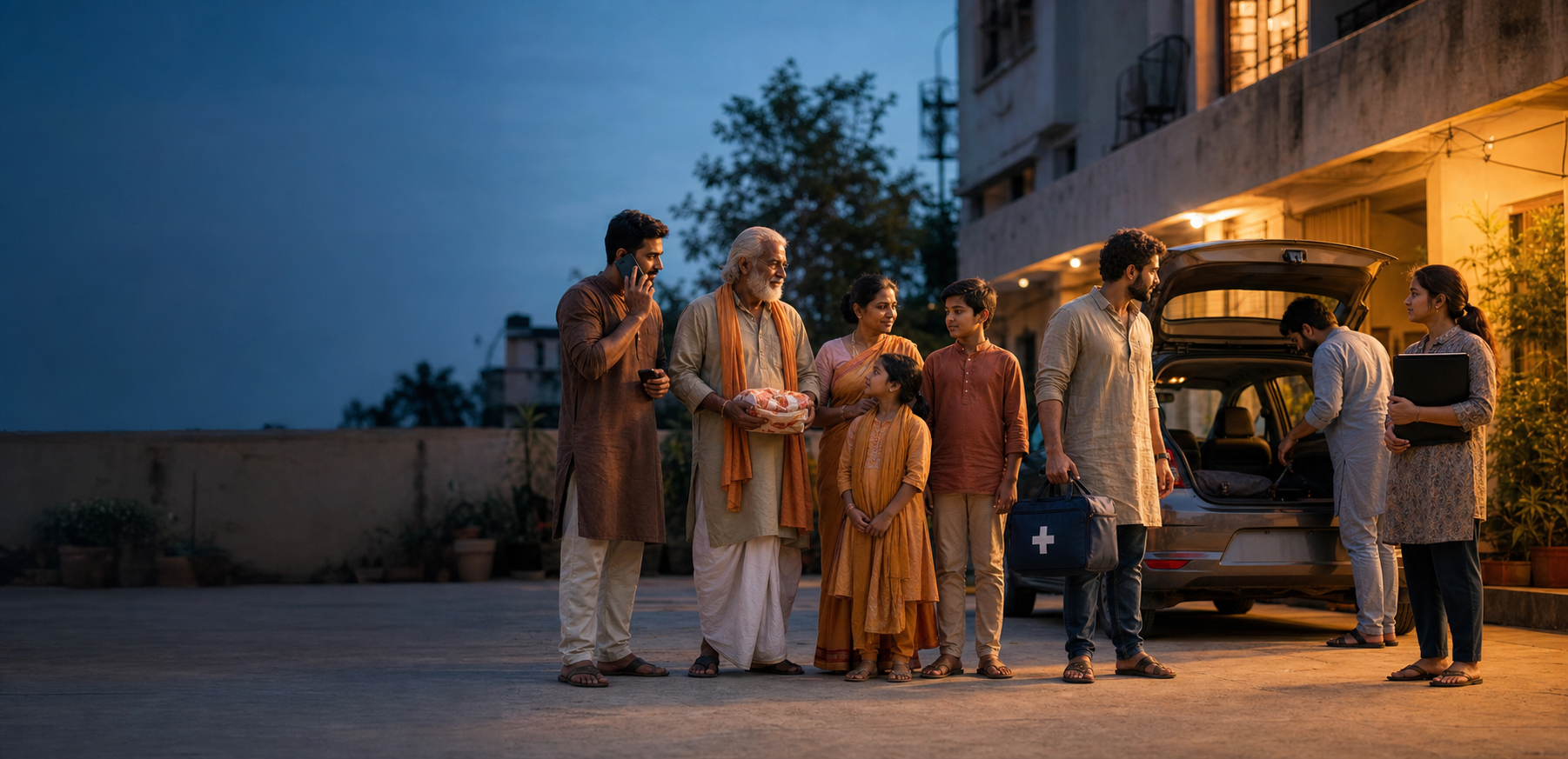 A multigenerational South Asian family stands in a courtyard while community volunteers coordinate first aid, verified communication, documents, transport, and care for a cultural keepsake.