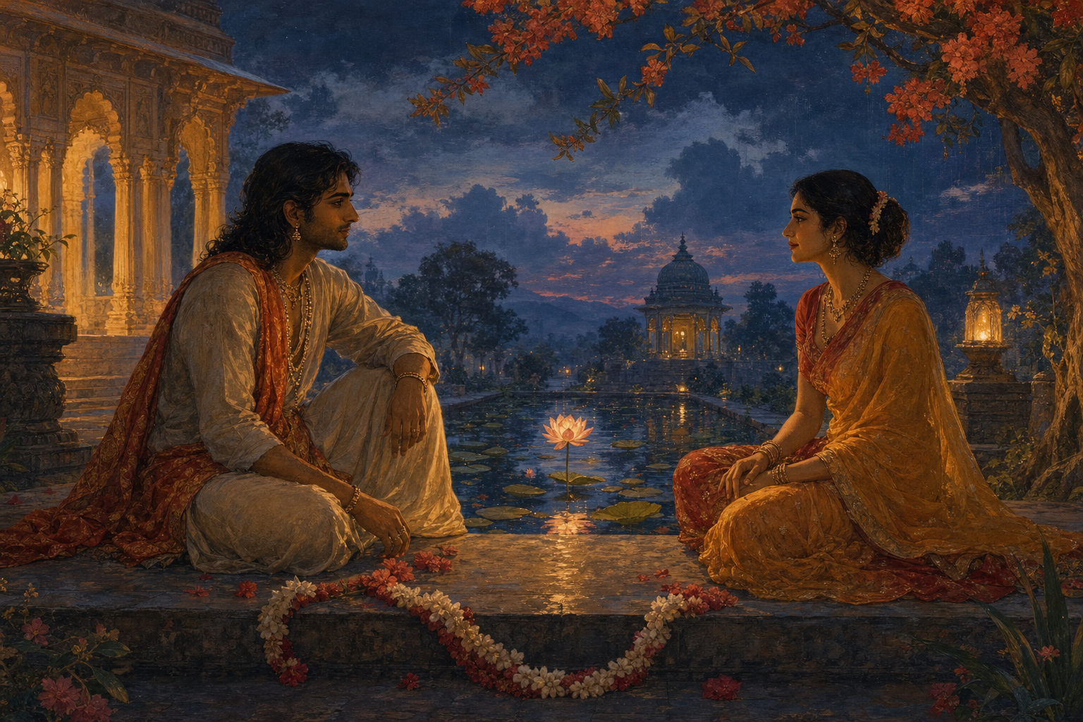 Two lovers sit facing each other across a lotus pond in a palace garden at twilight, with a loose flower garland resting between them.