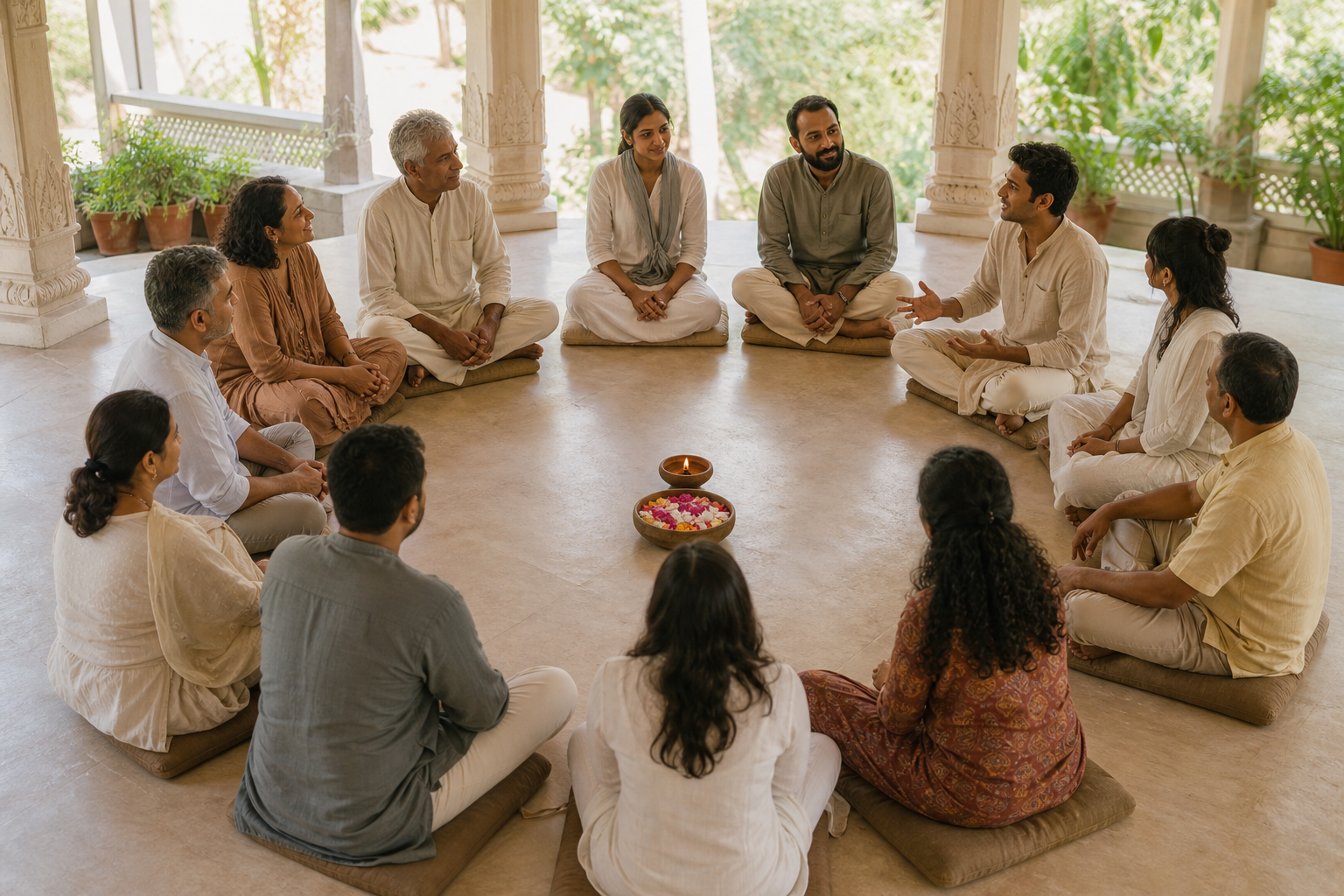 Adults of different ages sit on equal floor cushions in a circle as a newer participant speaks and senior members listen.