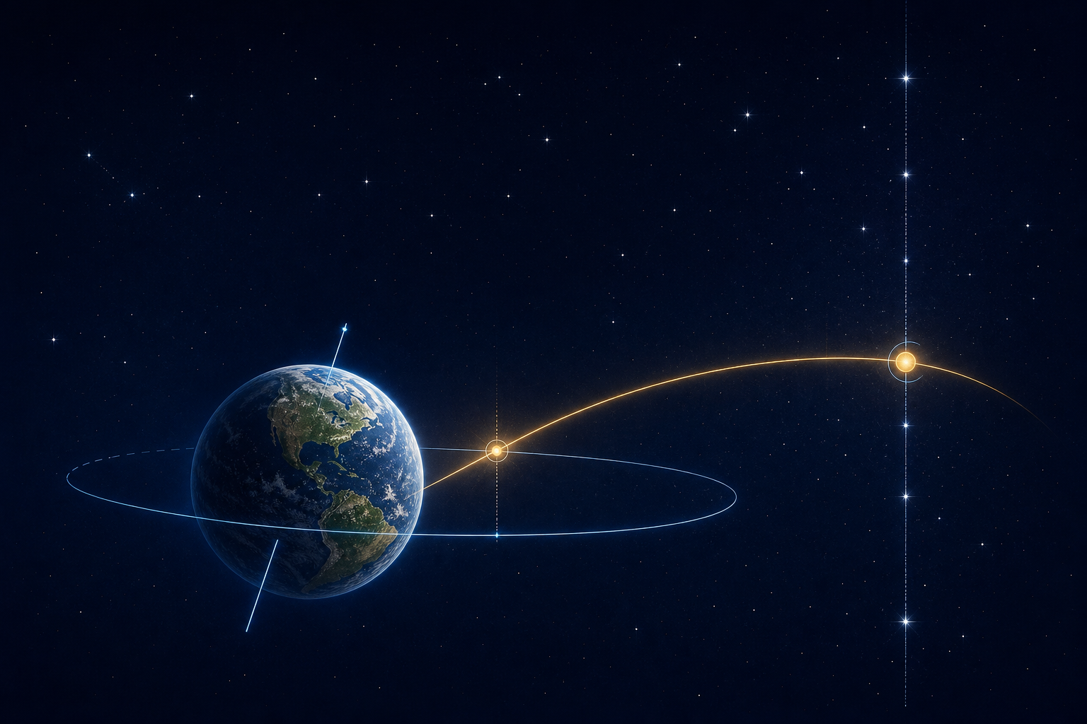 Conceptual astronomy illustration showing Earth, the Sun's apparent path, a March equinox reference, and a later threshold against a fixed field of stars.