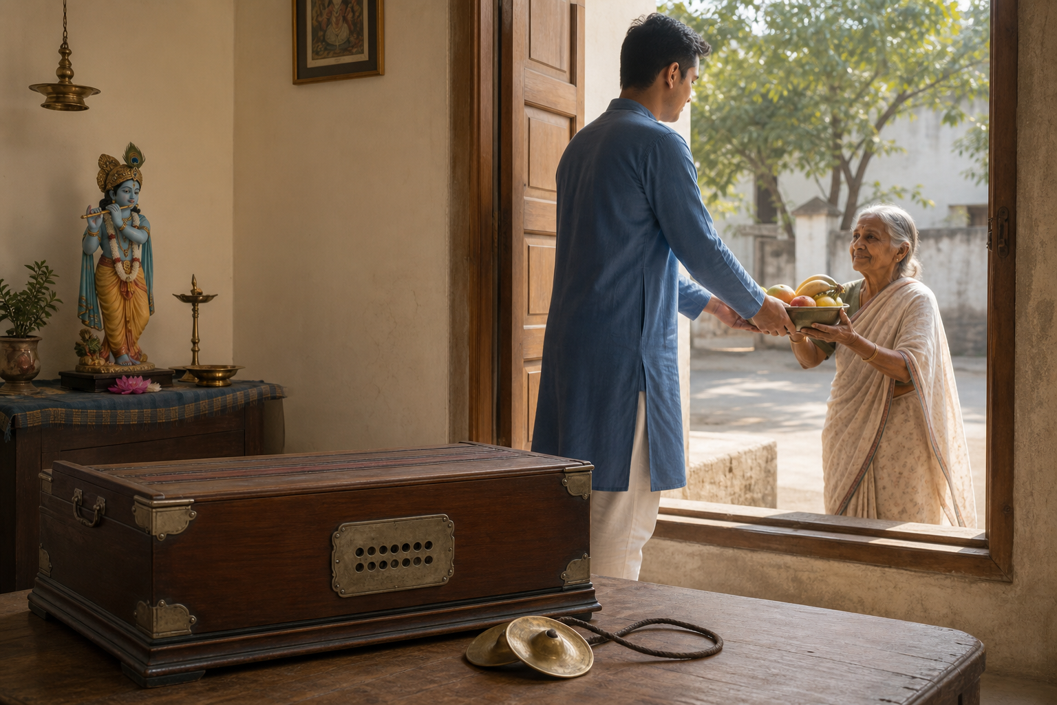 Silent devotional instruments rest indoors while a person at the doorway offers a bowl of fruit to an elderly neighbor.